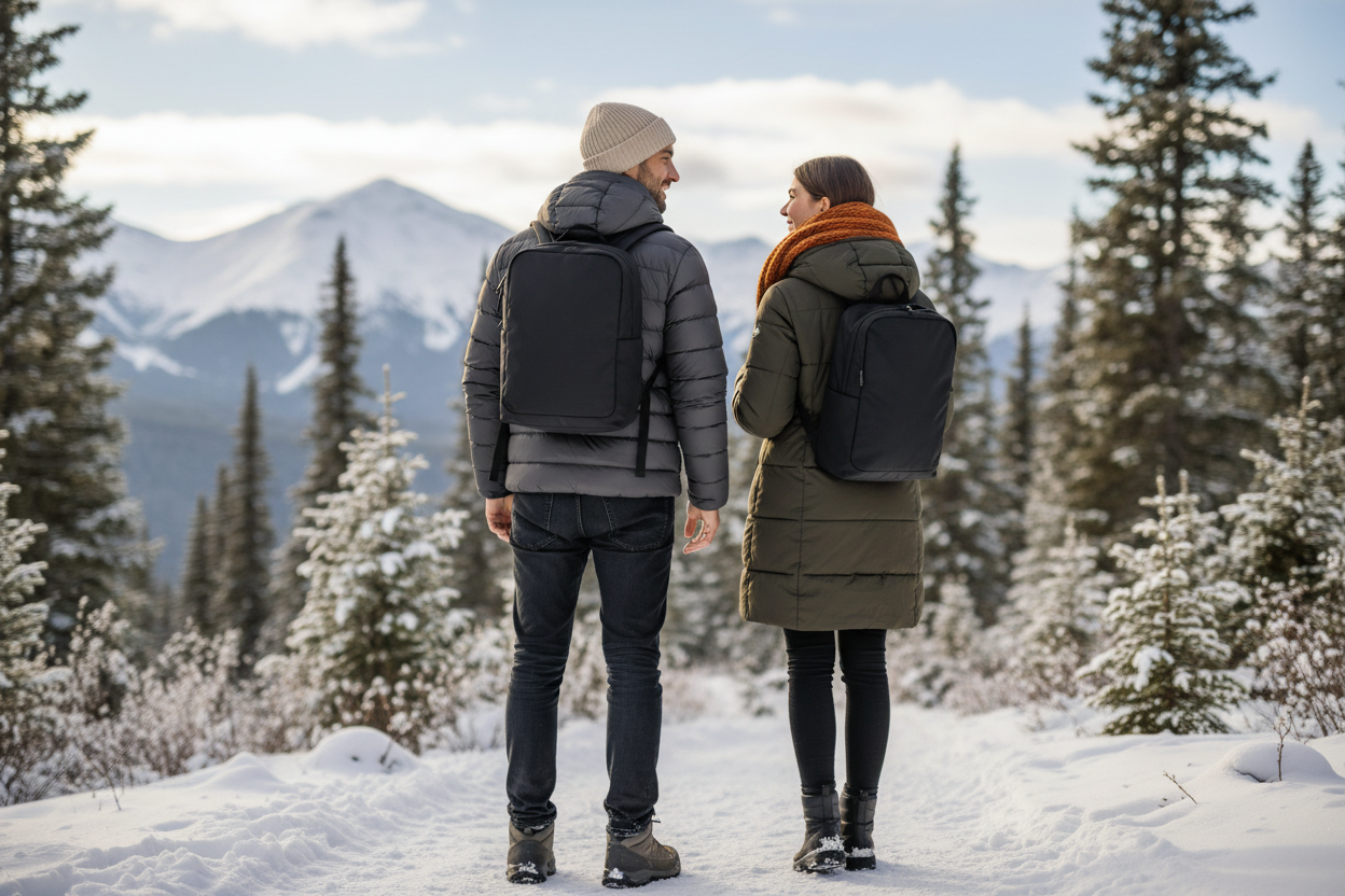 homme et femme avec doudoune et sac a dos noir en nylon