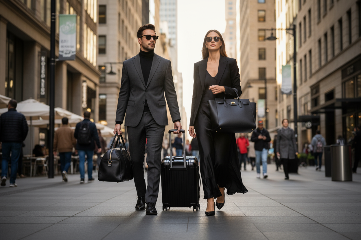 homme et femme dans la rue avec jolie sac noir et valise 